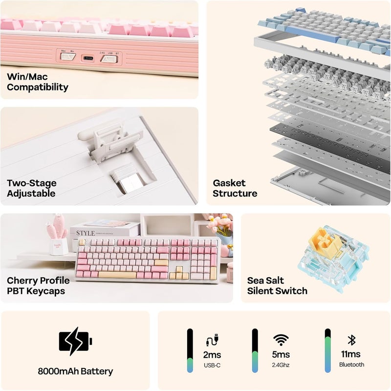 EPOMAKER TH108 Full Size Mechanical Keyboard, Wireless Gaming Keyboard with 8000mAh Battery, Creamy Gasket, 108 Keys, Hot Swap, Custom Driver, RGB Backlight (Pink, Sea Salt Silent) - Image 3